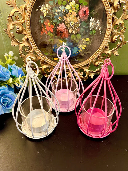 Set of 3 Hanging Metal Tealight Candle Holders with Glass Cups – White, Pink & Lilac