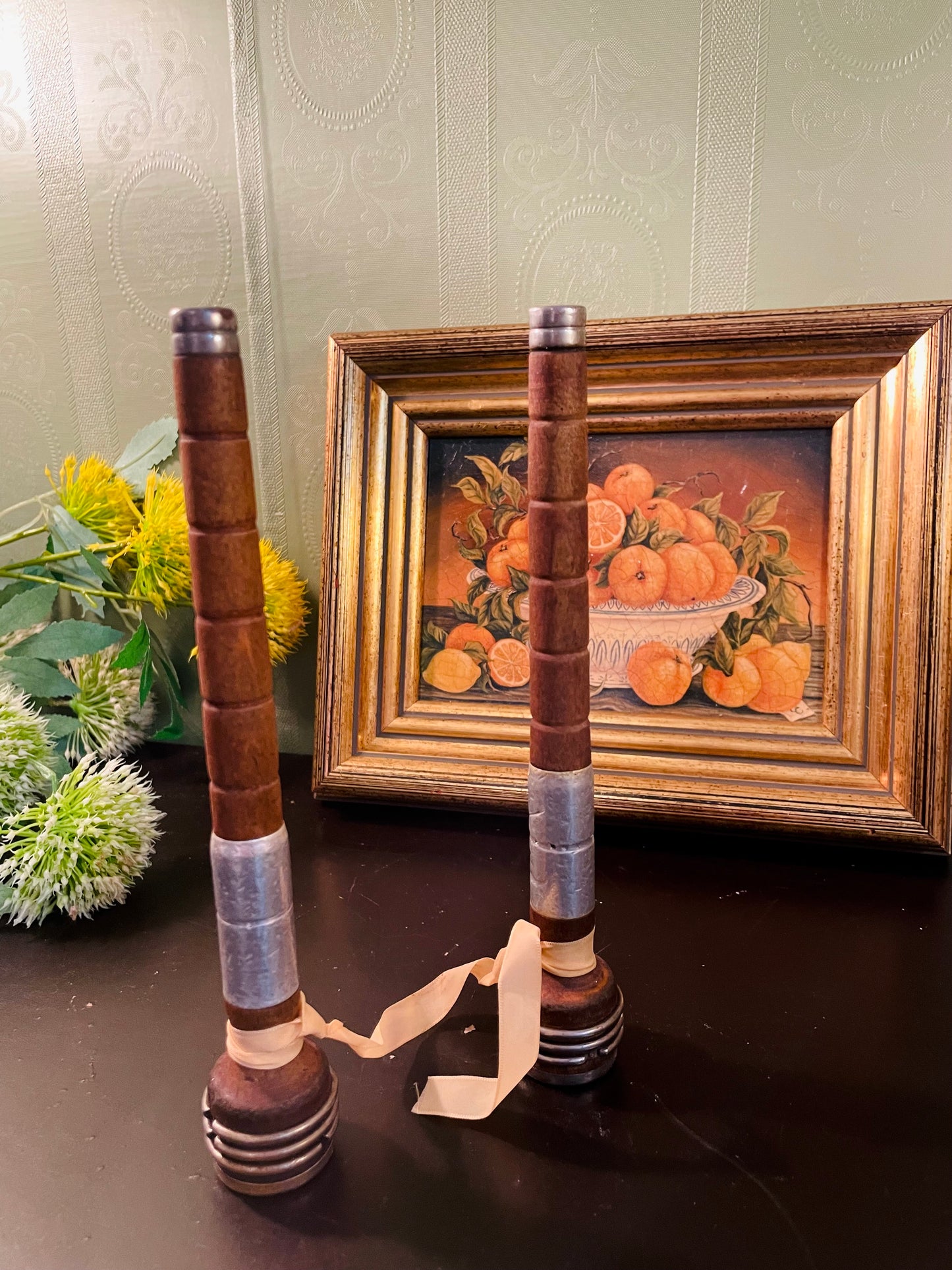 Vintage Wooden Exercise Club with Metal Accents