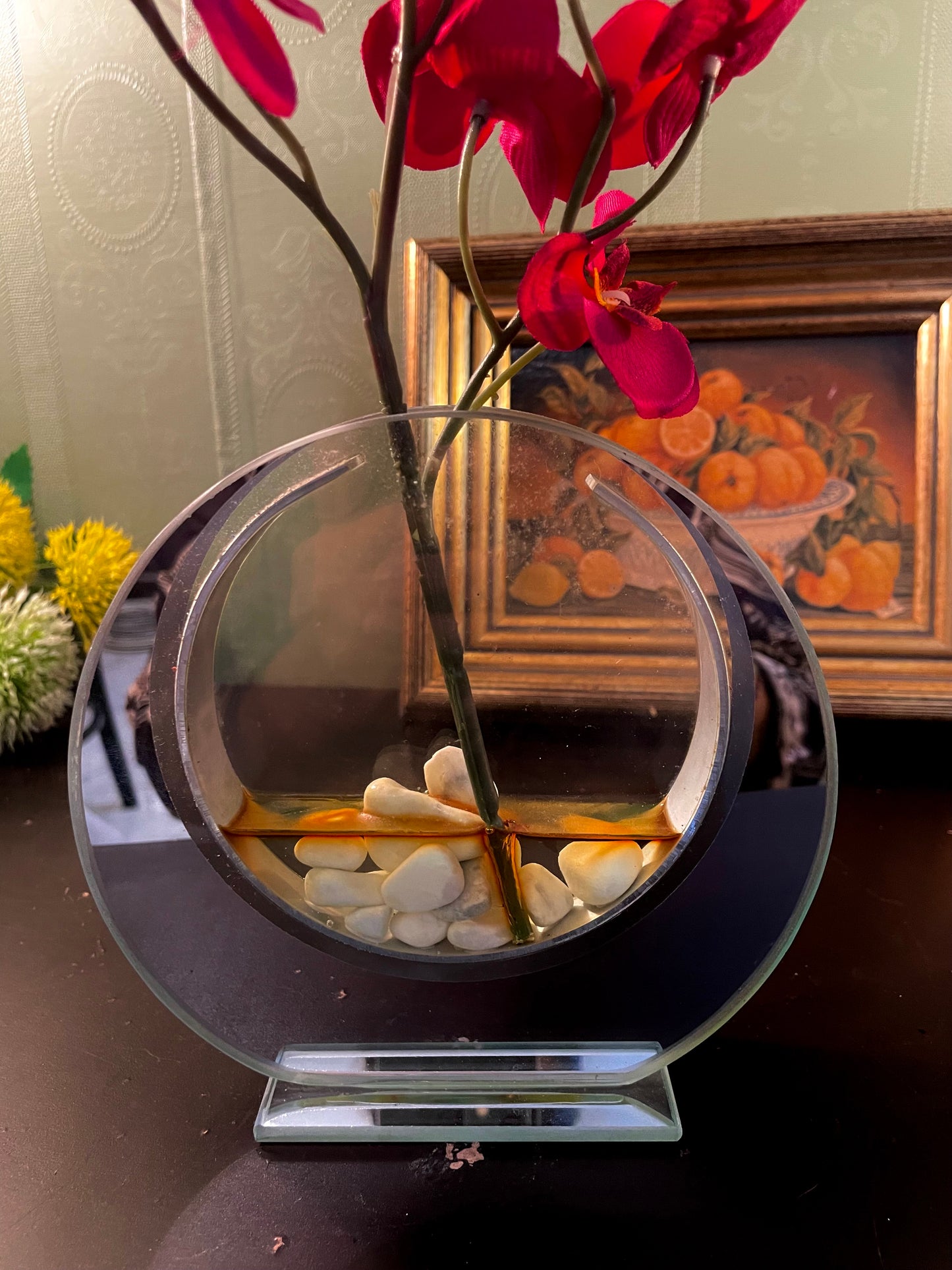 Artificial Red Orchid in Round Glass Vase 12 Inch