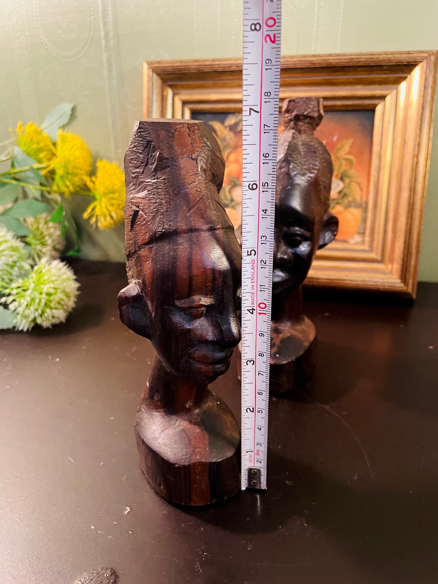Vintage Hand-Carved Wooden Portrait Bust – 17 cm Each
