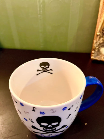 Pirate Skull Coffee Mug | Nautical Ceramic Tea Cup with Blue Handle