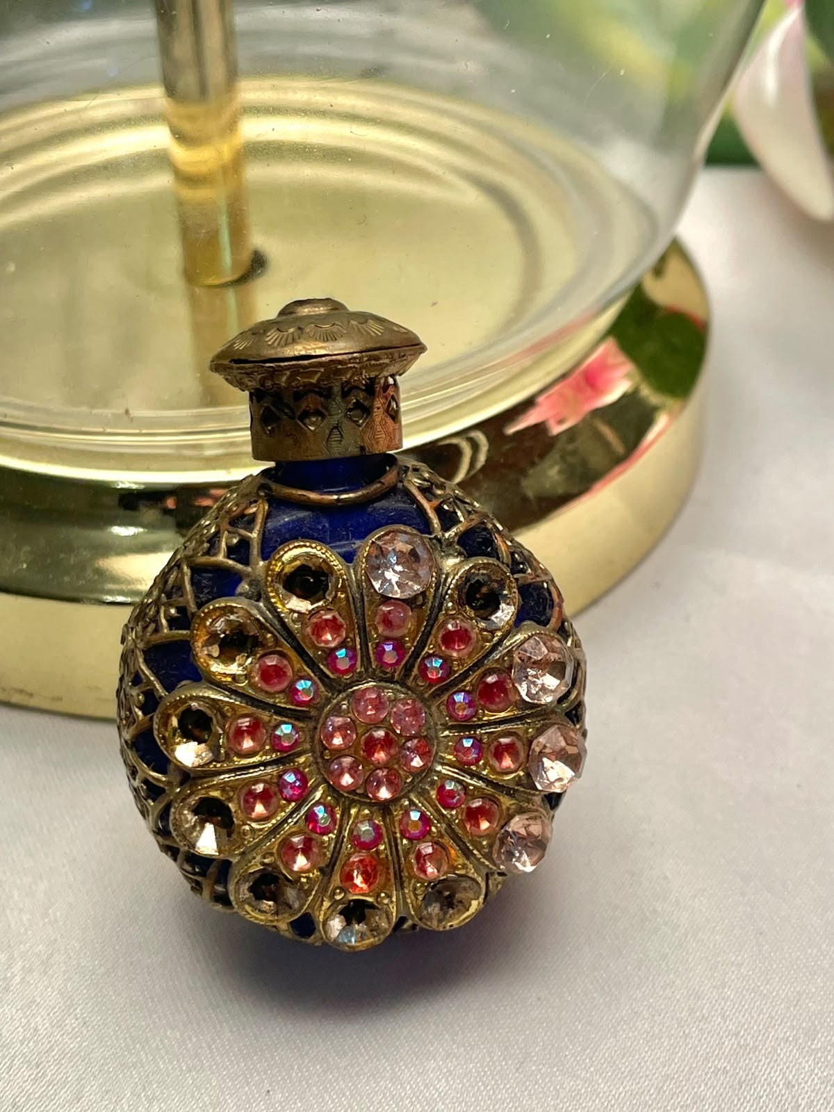 Vintage Gold-Tone Jeweled Miniature Bottle Approx. 7 cm