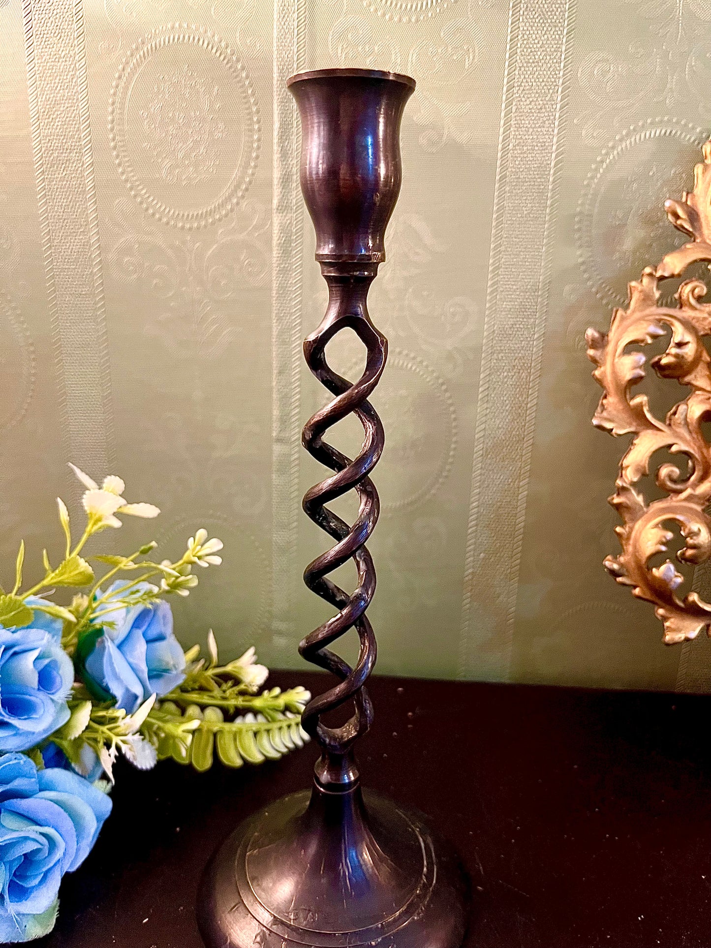 Tall Dark Metal Spiral Taper Candle Holder