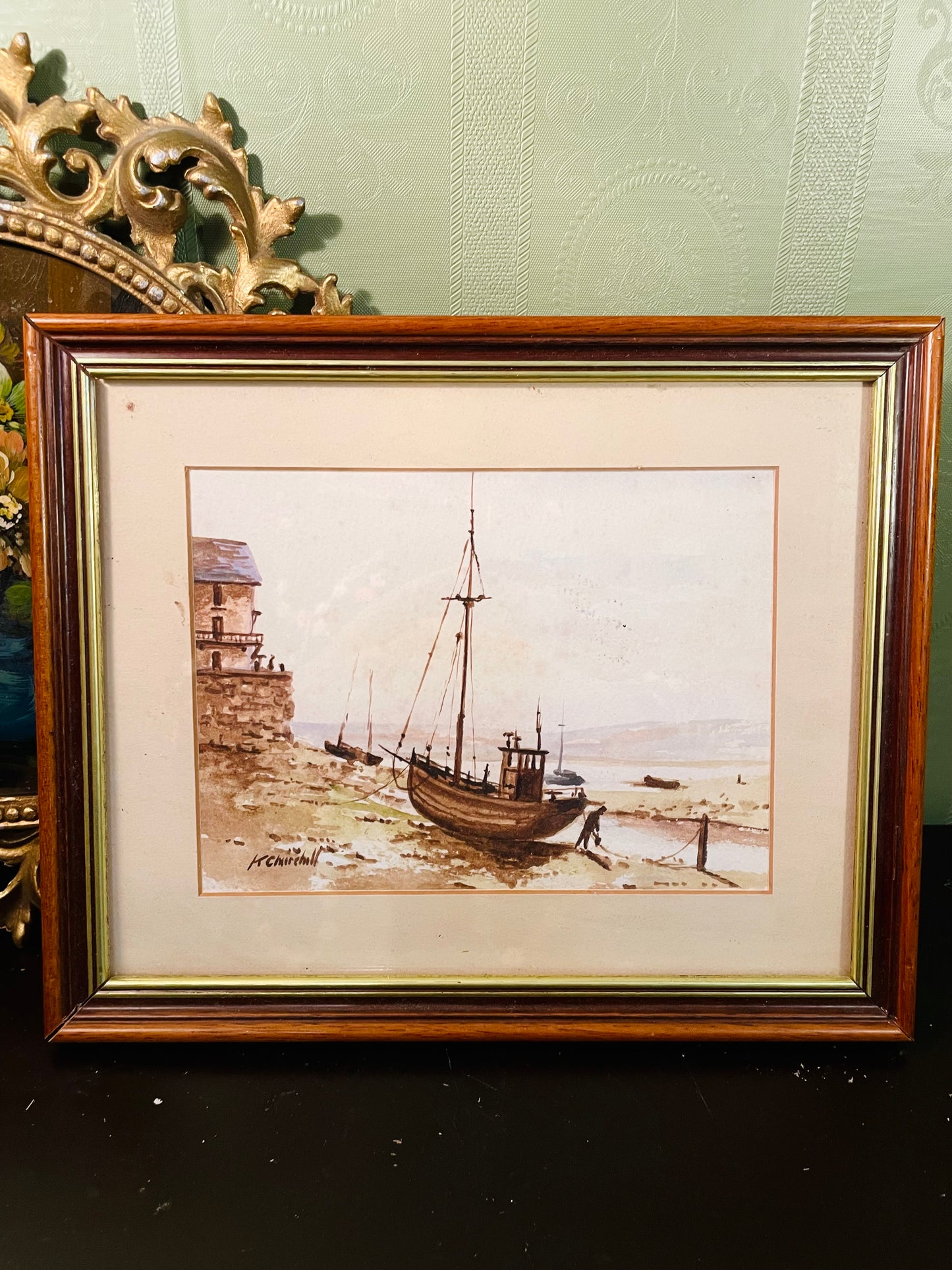 Vintage Framed Watercolour Boat Painting 14 Inch Coastal Wall Art