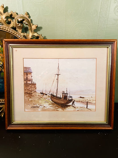 Vintage Framed Watercolour Boat Painting 14 Inch Coastal Wall Art