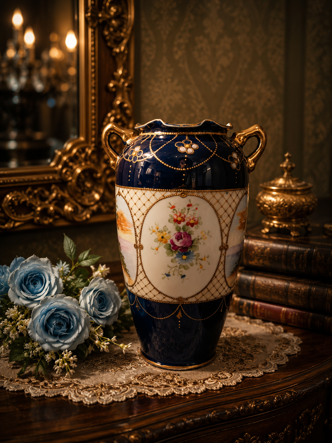 RARE FIND Hand-Painted Nippon Moriage Vase with Cobalt Blue