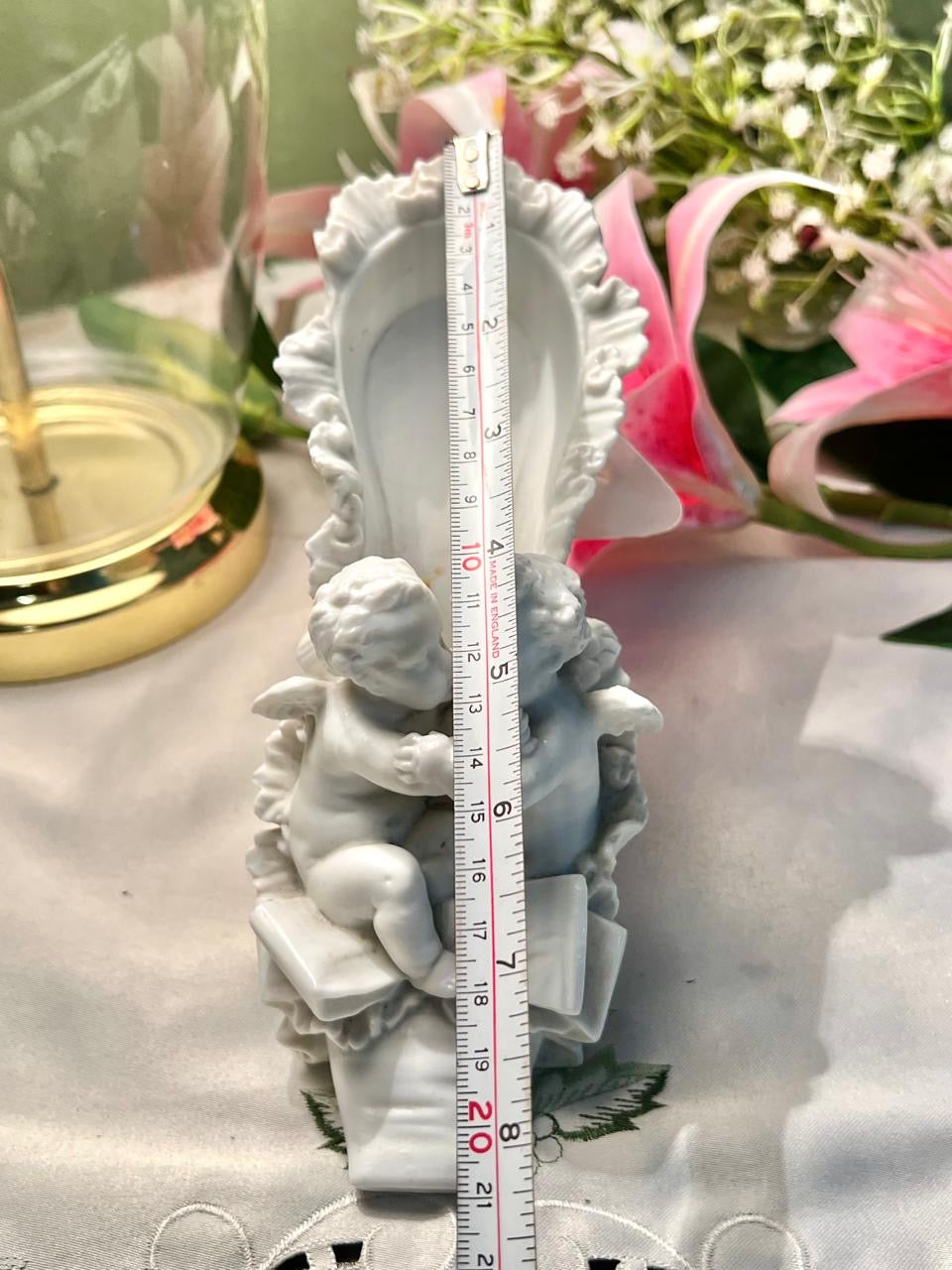 White Cherub Figurine with Ornate Chair 20cm