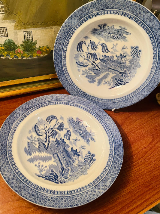 Churchill Blue Willow Large Round Platers, Deep Platers, Blue Pottery England