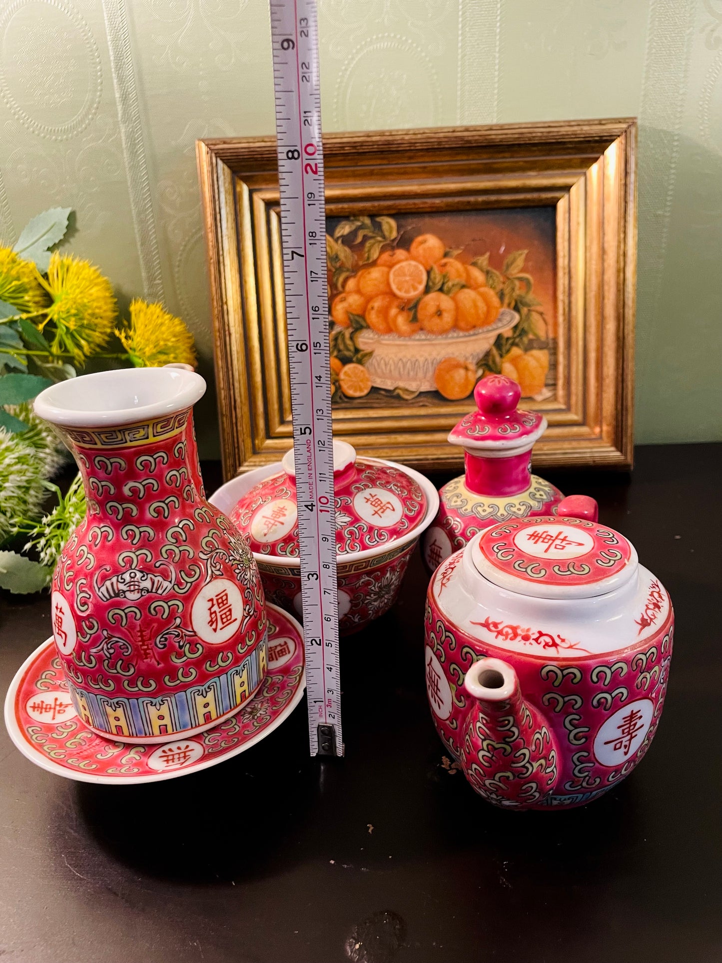 Vintage Chinese Pink Longevity Porcelain Tea Set – 5 Pieces
