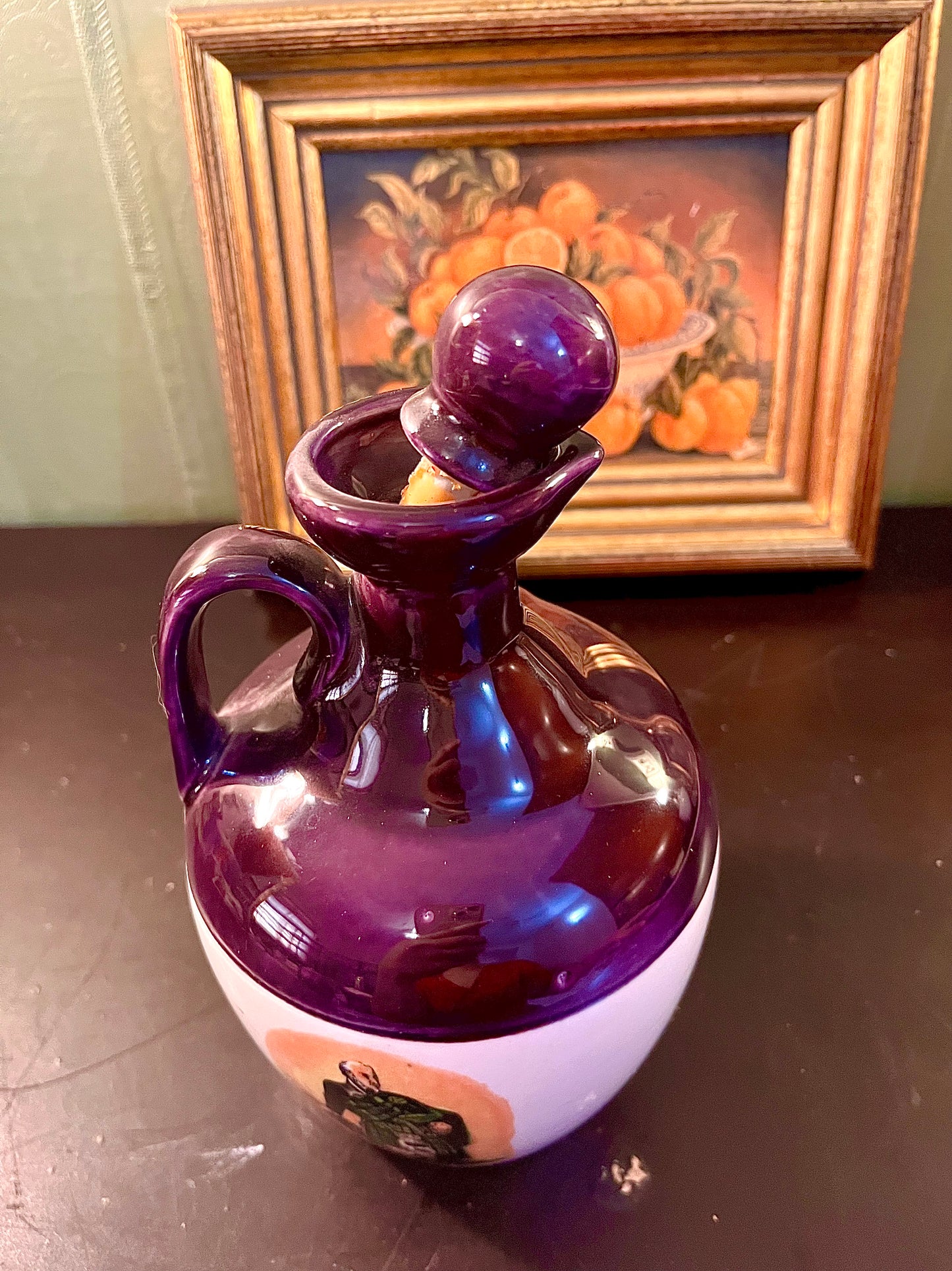 Vintage Scottish Highlander Ceramic Whisky Decanter – Purple & White Lidded Jug