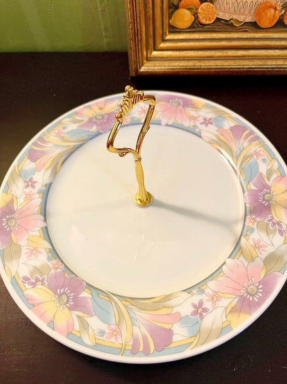 Vintage Pastel Floral Serving Plate with Gold Handle – 10 Inch