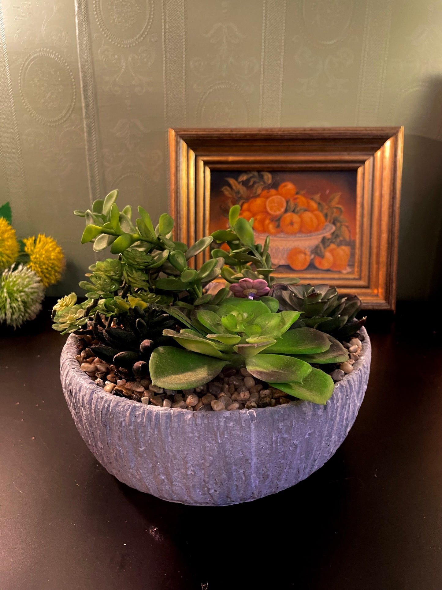 Large Artificial Succulent Garden in Grey Bowl Planter 7 Inch