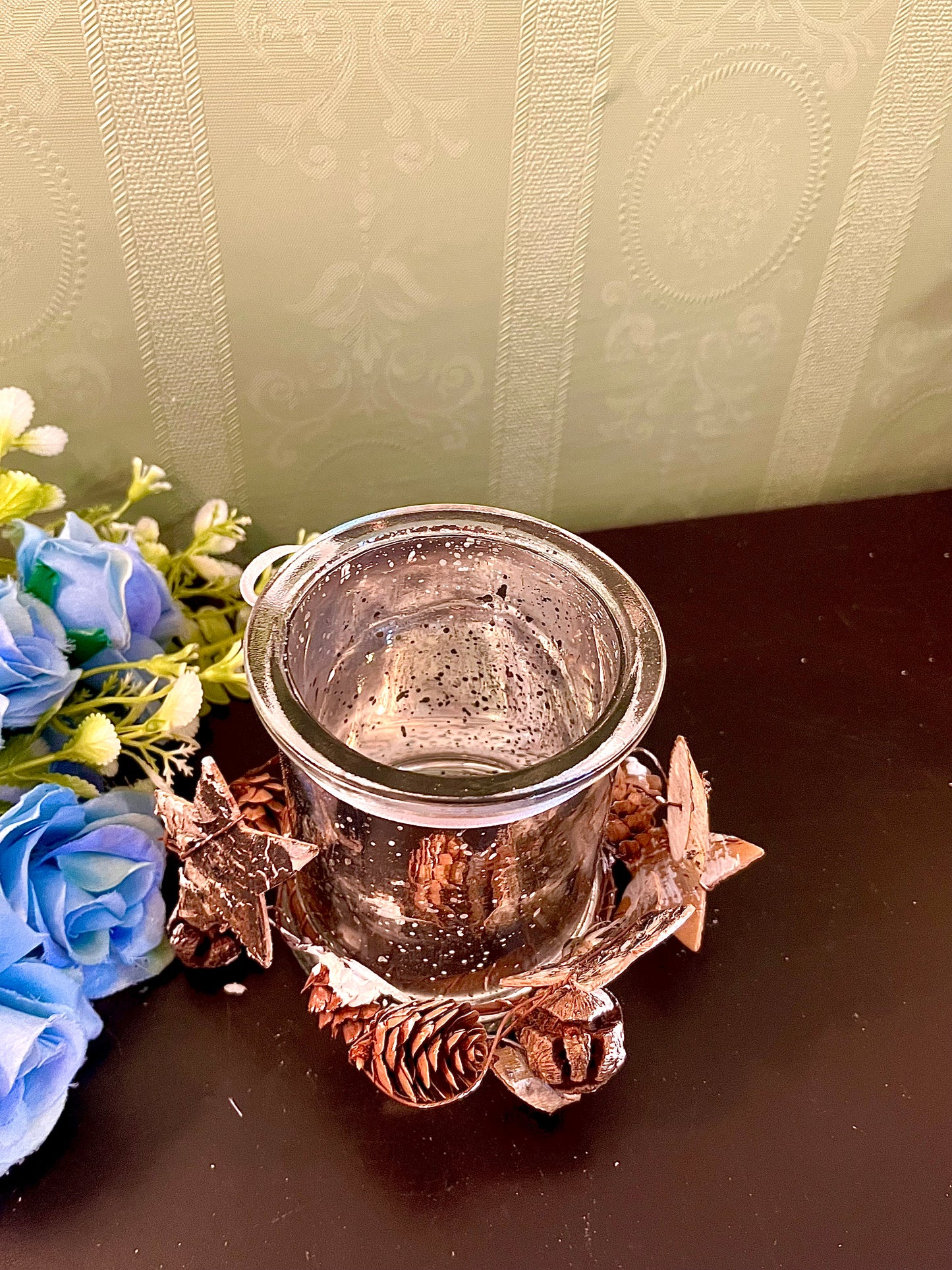 Mercury Glass Candle Holder with Rustic Pinecone & Ribbon Décor