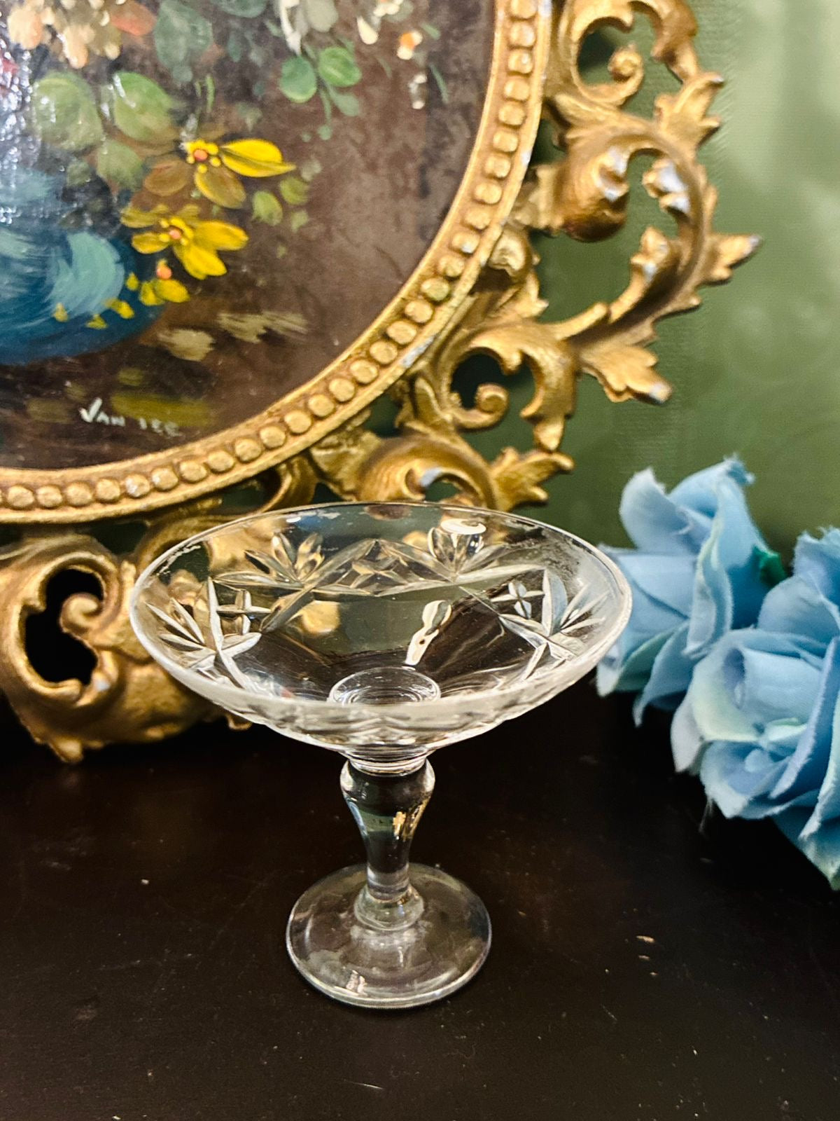 Vintage Clear Etched Crystal Coupe Dessert Bowl