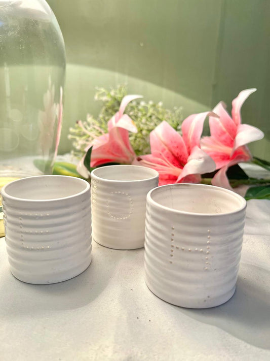 White Ribbed Ceramic Candle Holder with Beaded Detail – Set of 3