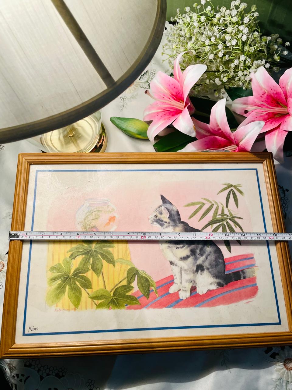 Framed Cat & Fish Bowl Art Table 42 cm