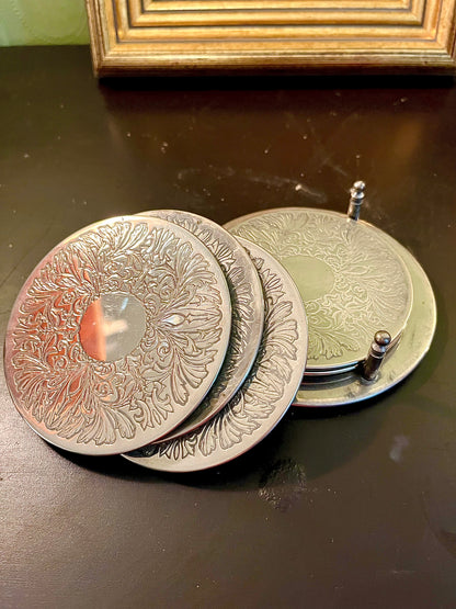 Set of 5 Silver Embossed Metal Coasters – Decorative Holder