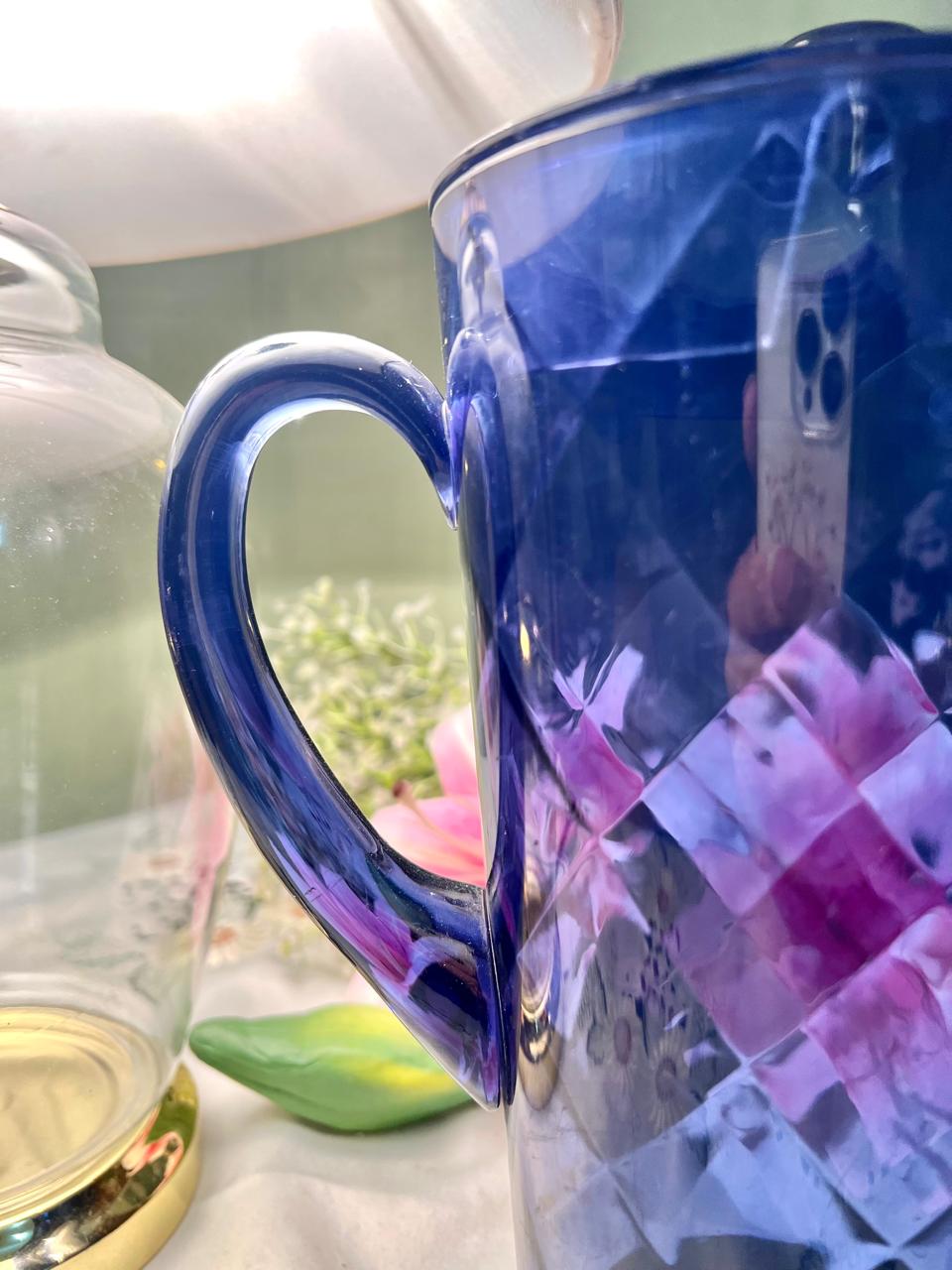 Vintage Melamine Blue Crystal Lidded Pitcher 10 in