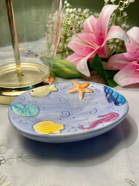 Vintage Sea Life Ceramic Plate, Pastel Raised Design, 6.25 in