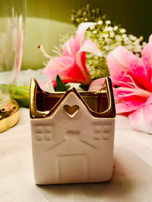 White Ceramic House Candle Holder with Gold Heart Design 9cm