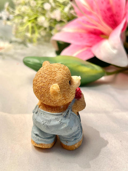 Vintage Teddy Bear Figurine Red Heart Bouquet 7 cm