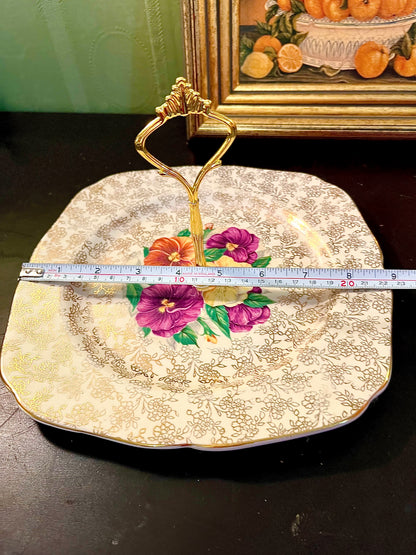 Vintage Floral Porcelain Serving Plate with Gold Handle – Square Cake Tray