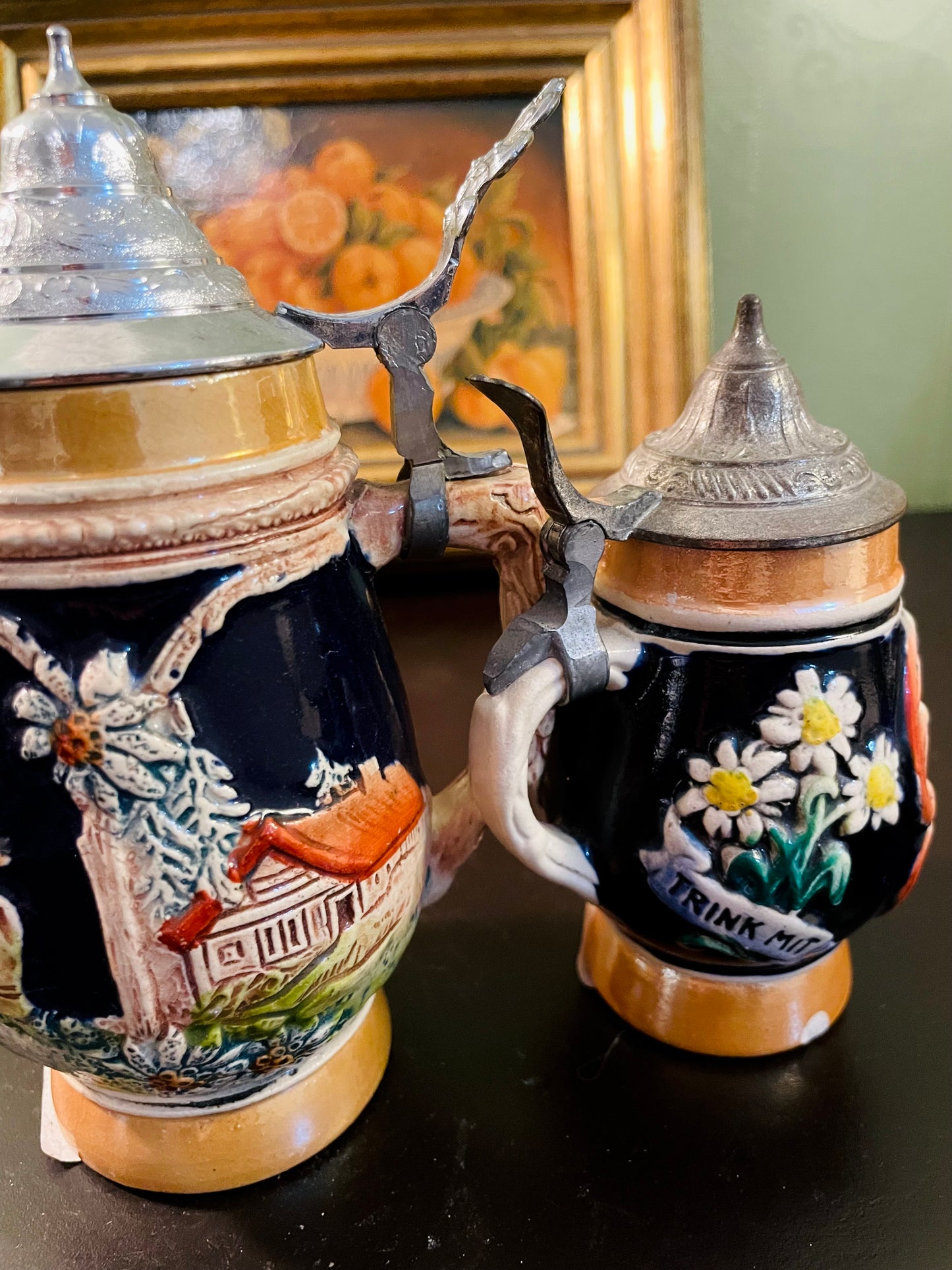 Vintage German-Style Lidded Mugs Set – 15 cm