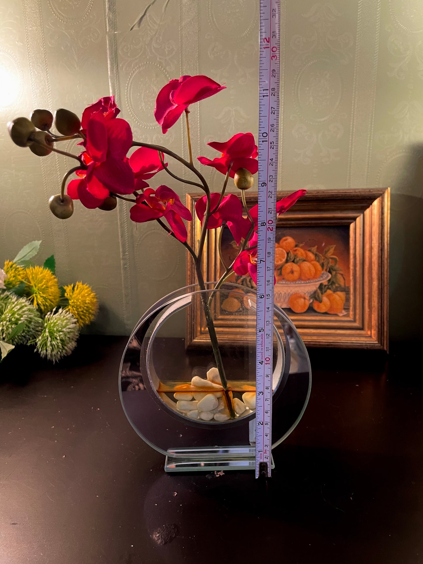 Artificial Red Orchid in Round Glass Vase 12 Inch