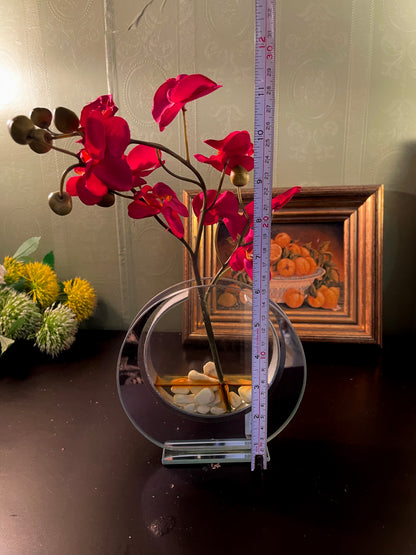Artificial Red Orchid in Round Glass Vase 12 Inch