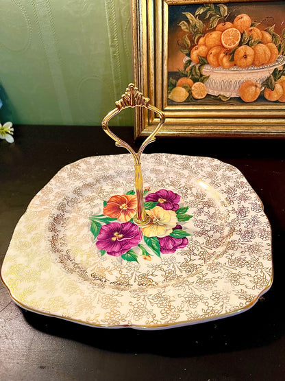 Vintage Floral Porcelain Serving Plate with Gold Handle – Square Cake Tray