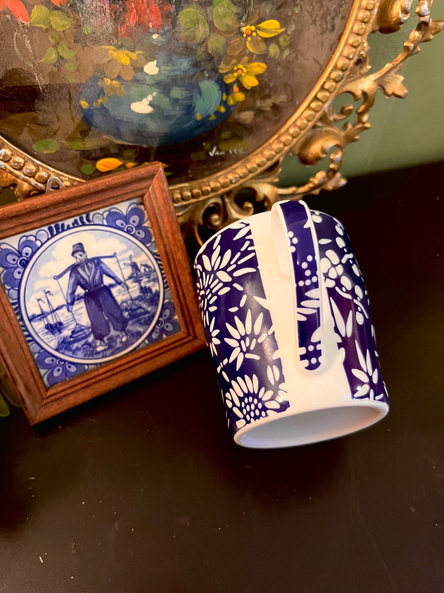 Navy Blue Floral Ceramic Mug