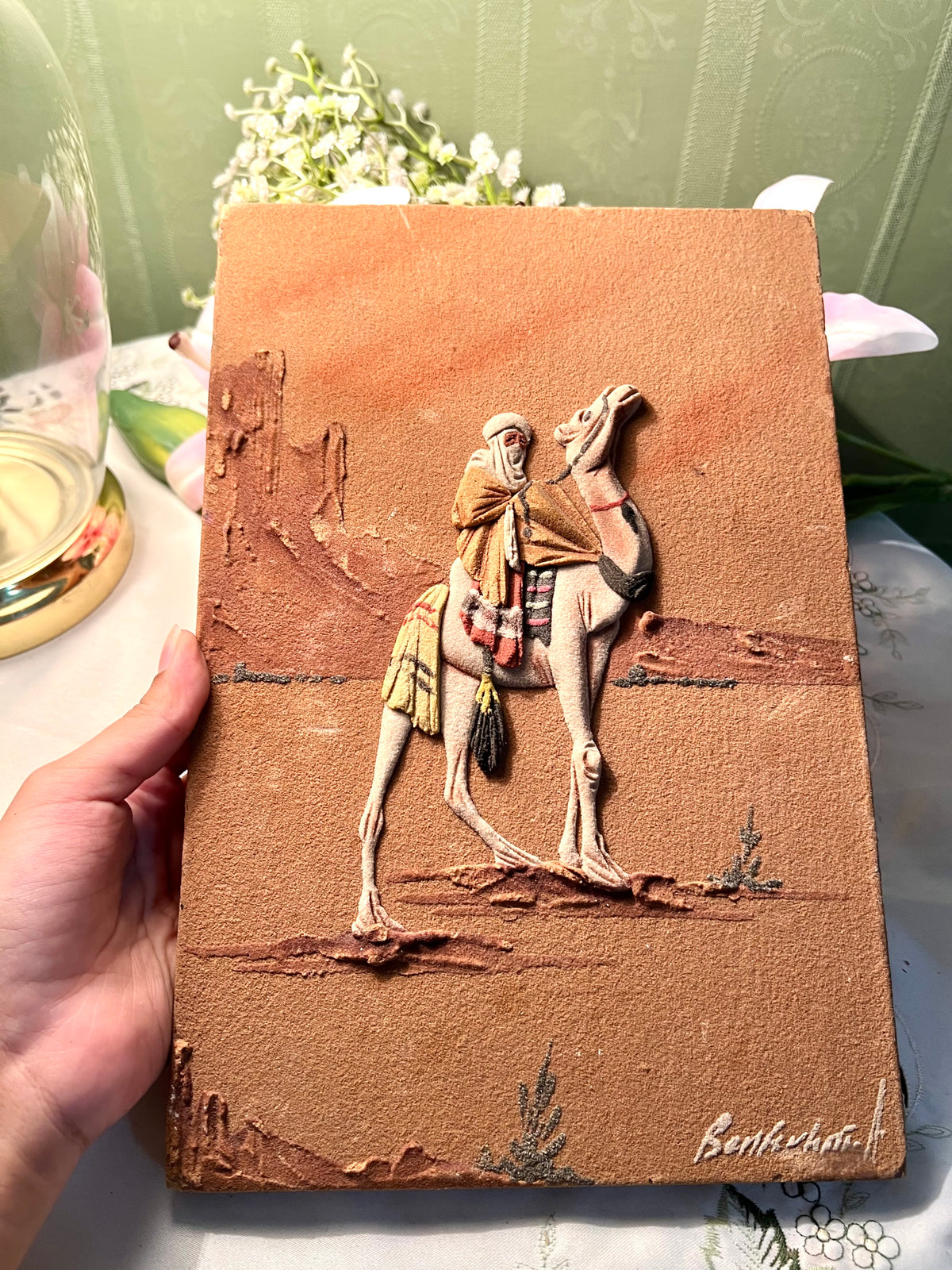 Vintage handmade sand relief painting 3d Camel Rider Desert Relief Wall Plaque 30cm