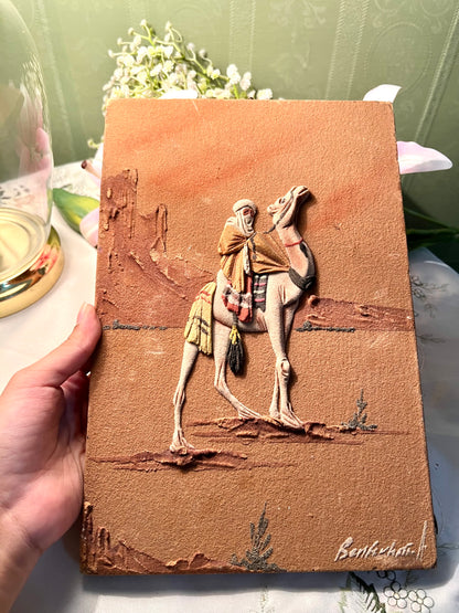 Vintage handmade sand relief painting 3d Camel Rider Desert Relief Wall Plaque 30cm