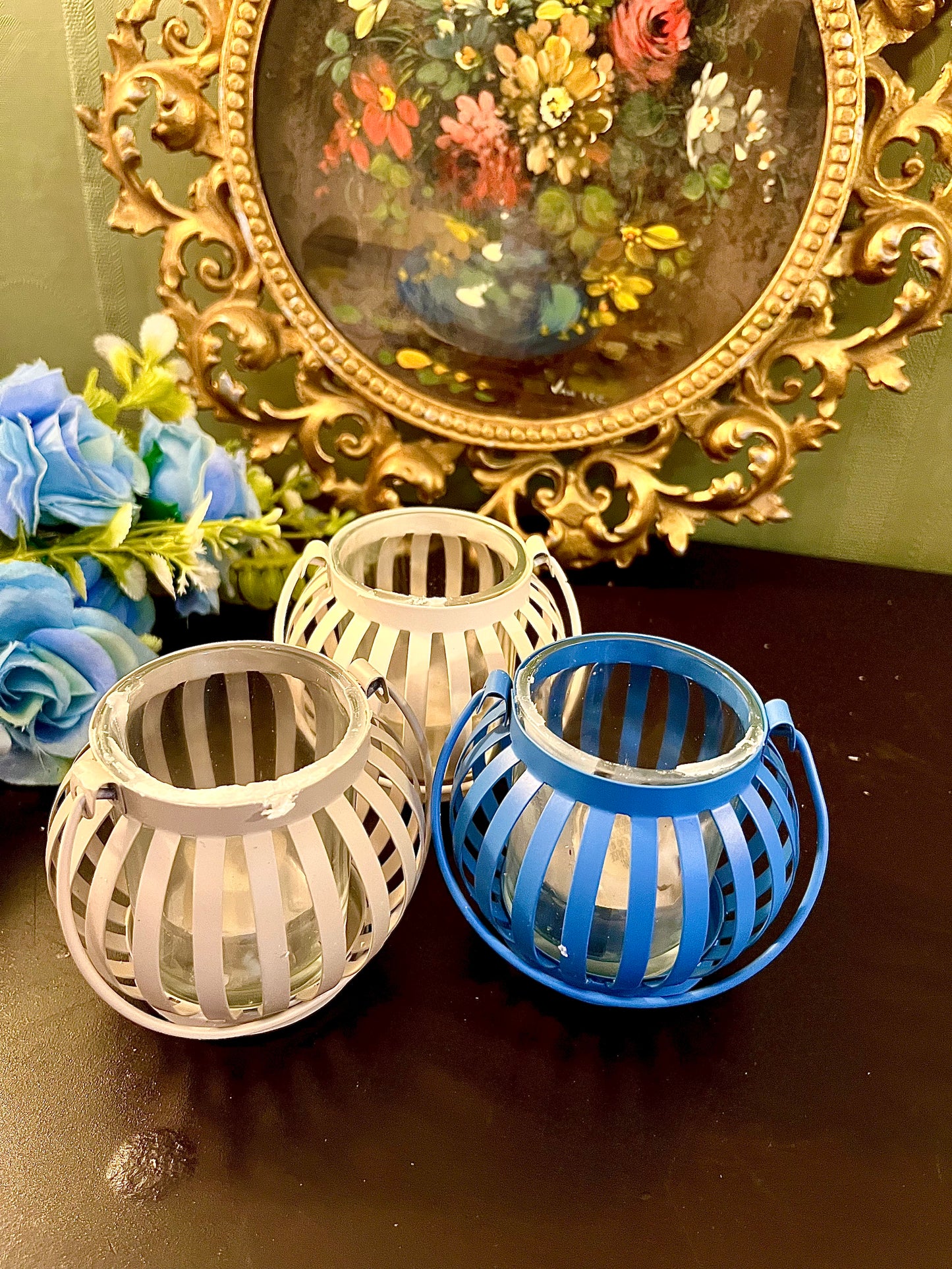 Set of 3 Mini Metal Lantern Tealight Candle Holders – Blue & White