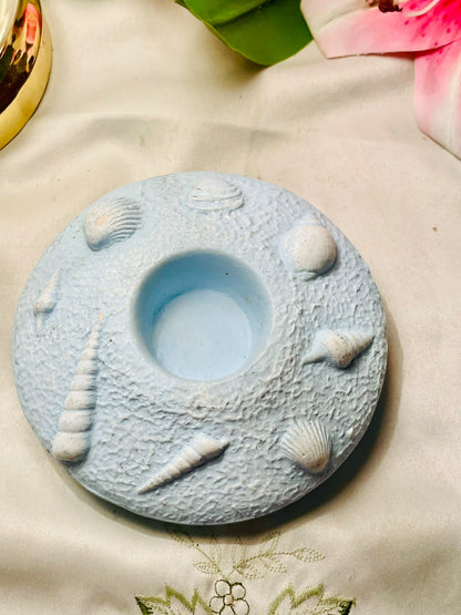 Vintage Pastel Blue Seashell Coastal Candle Holder 13cm