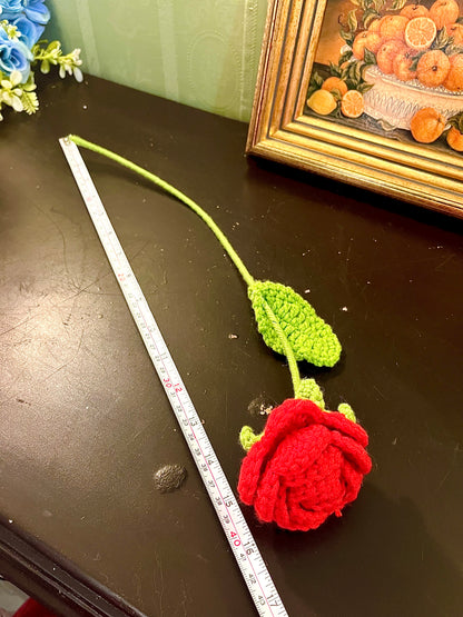 Handmade Crochet Red Rose Stem – 17 Inch Floral Decor