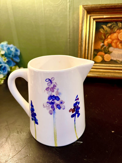 White Ceramic Floral Jug – Purple Delphinium Flower Pitcher