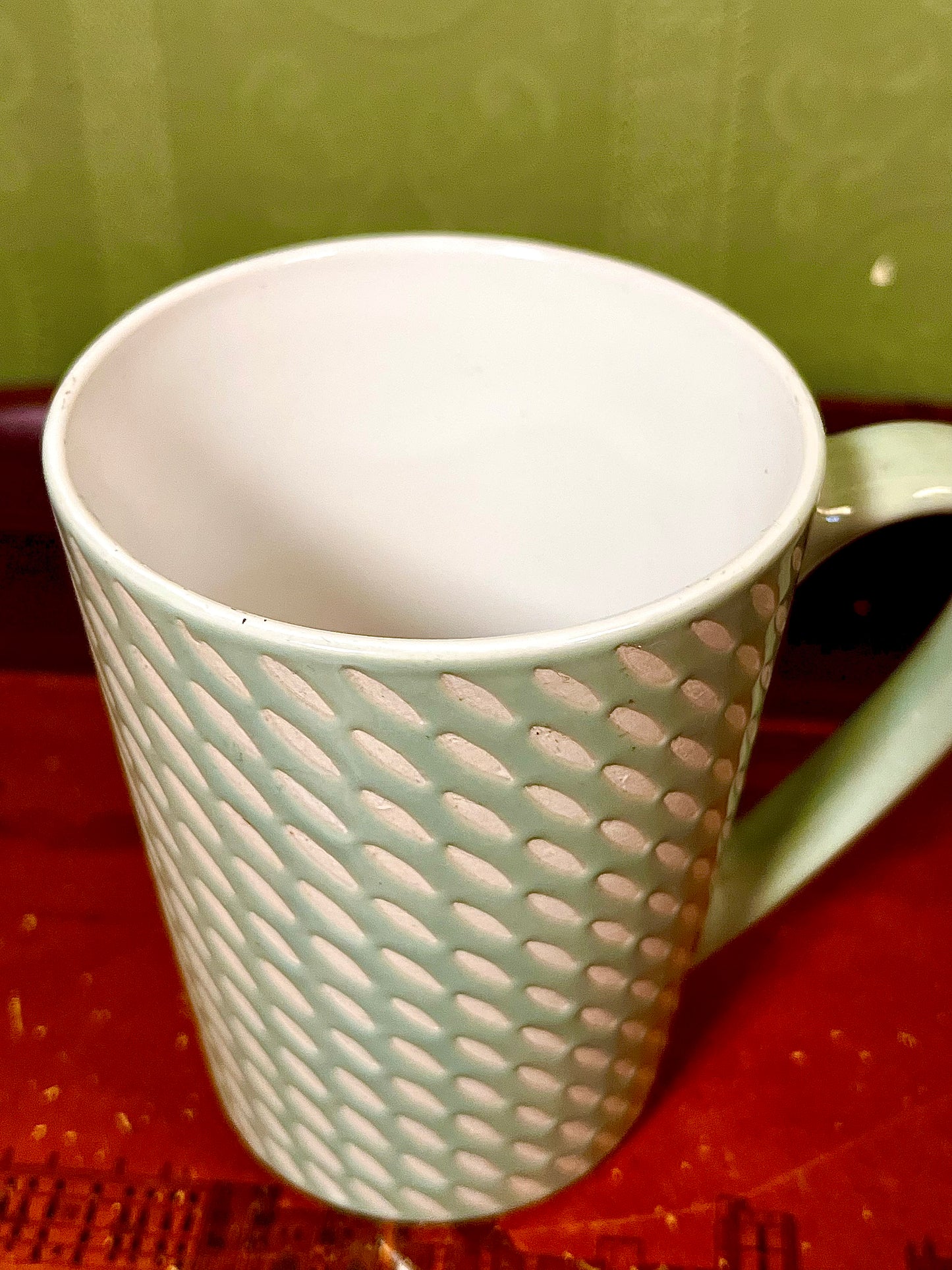 Lumelm Textured Sage Green Ceramic Mug Raised Dash Pattern