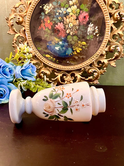 Vintage White Ceramic Pedestal Vase Hand Painted Floral Design 6 Inch
