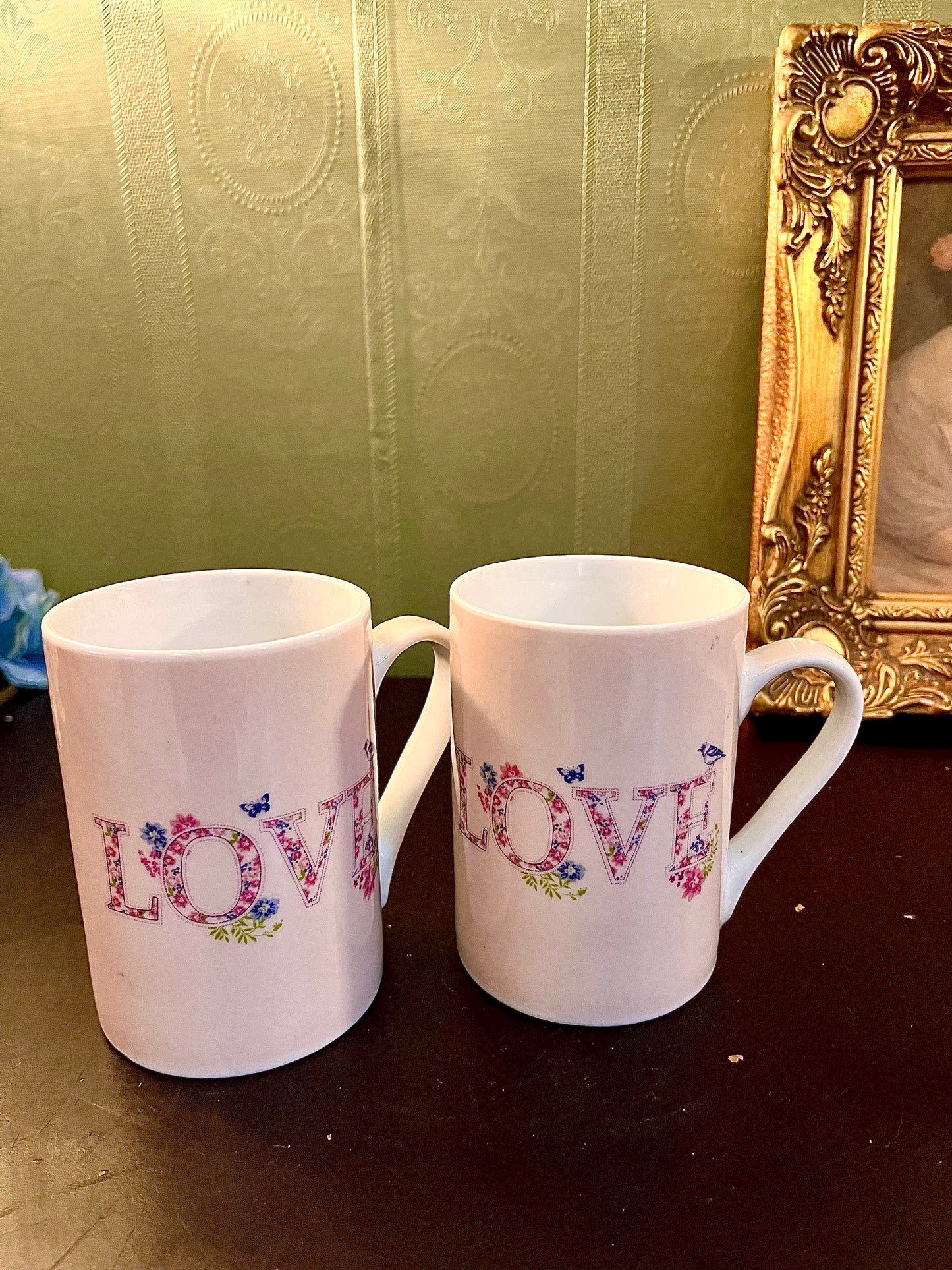 Pair of LOVE Floral Ceramic Mugs – Tall Coffee Cups