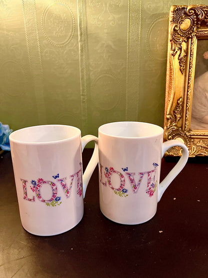 Pair of LOVE Floral Ceramic Mugs – Tall Coffee Cups