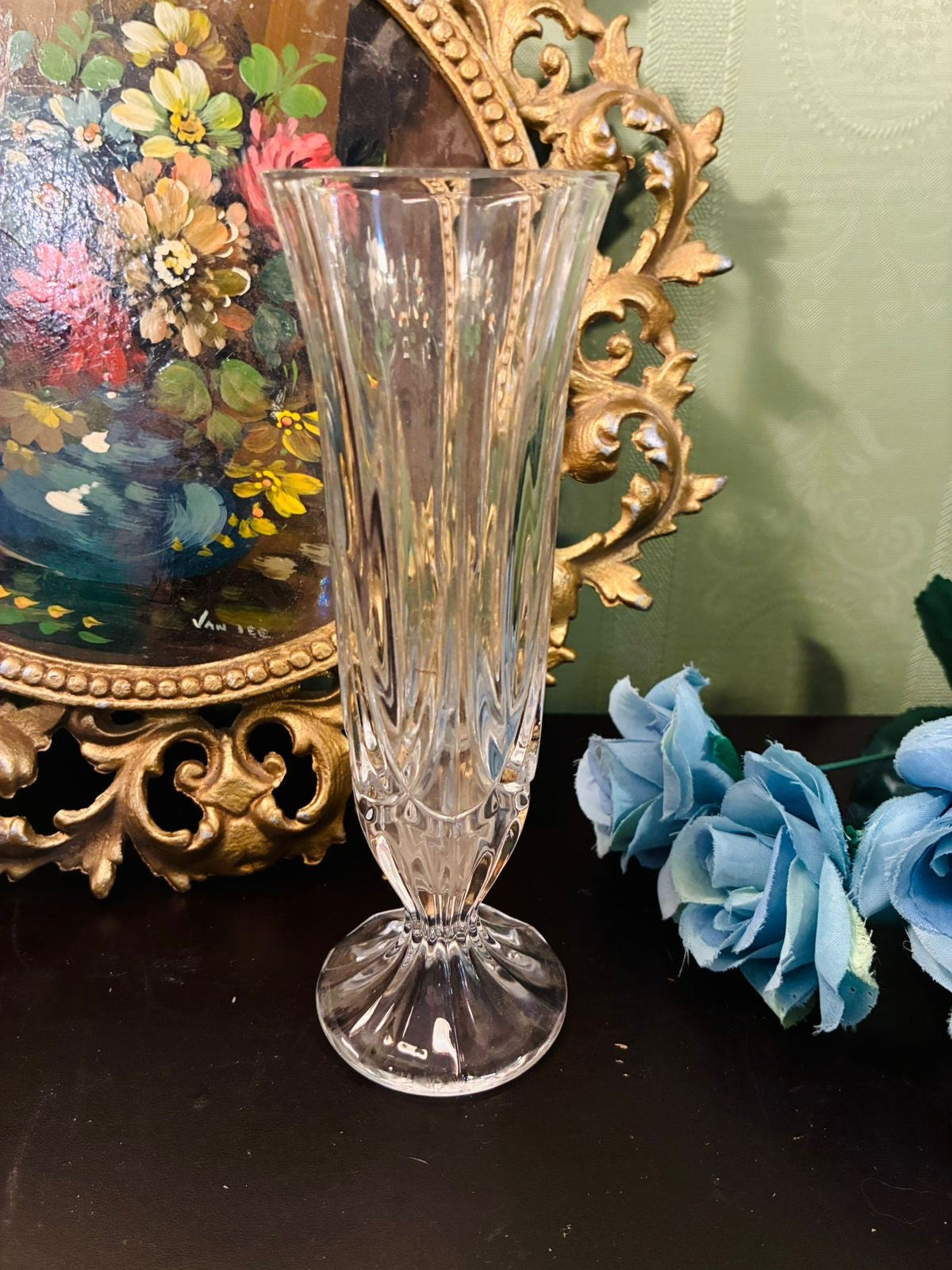 Vintage Tall Clear Pressed Glass Footed Vase