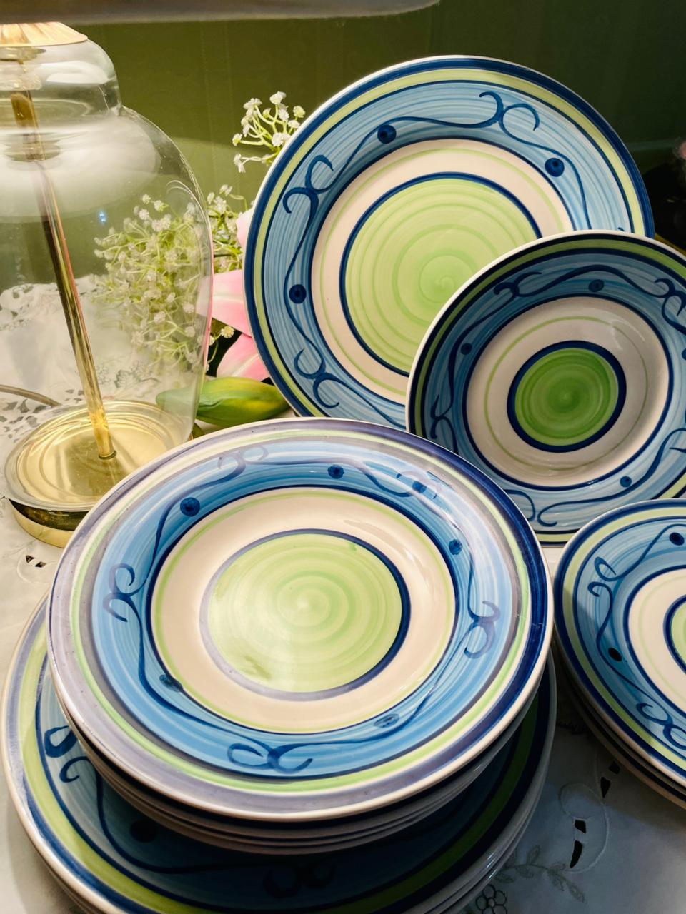 Hand-Painted Blue & Green Ceramic Plates Set, 12 Pieces