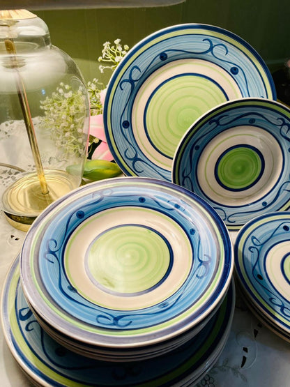 Hand-Painted Blue & Green Ceramic Plates Set, 12 Pieces