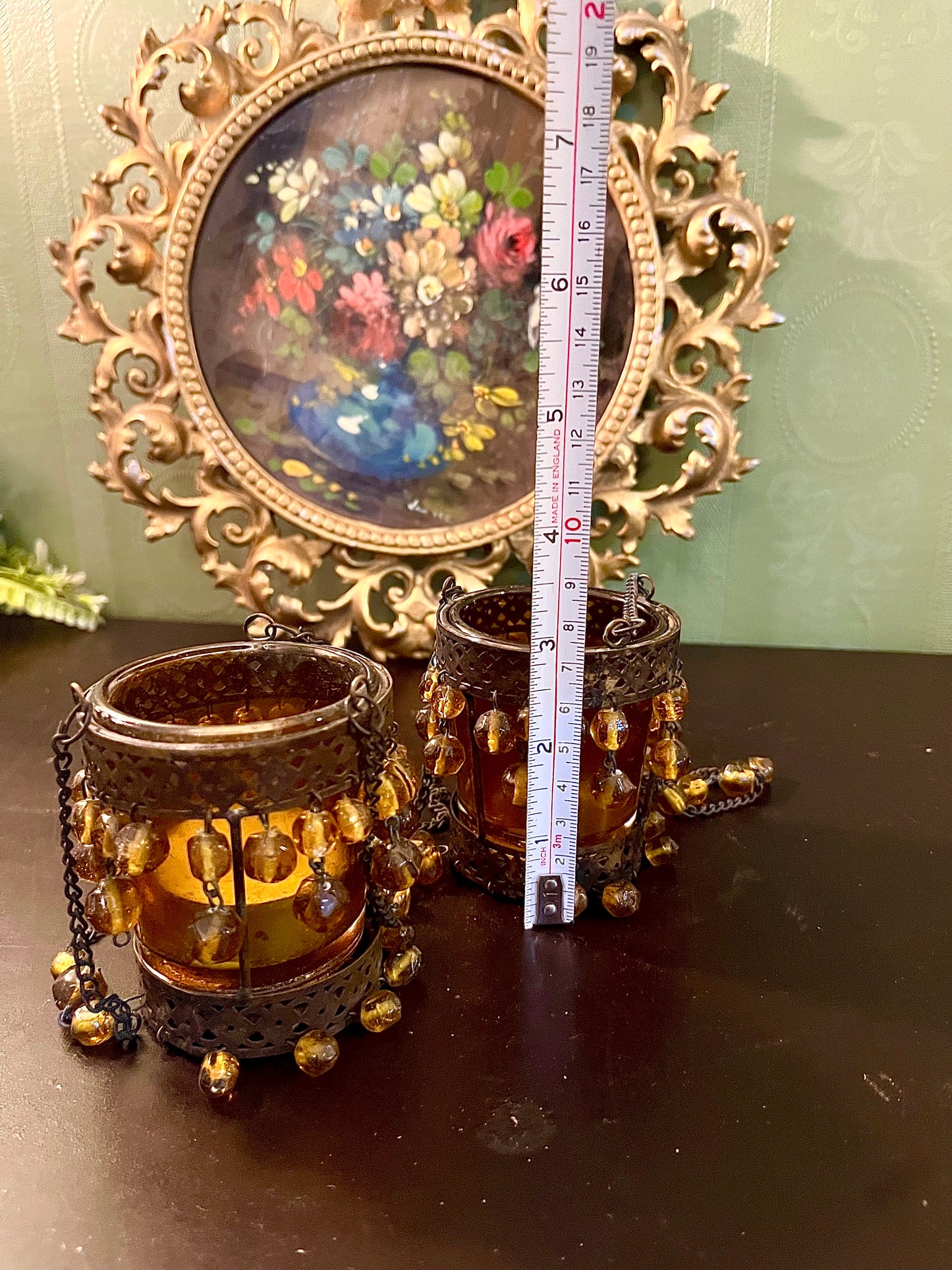 Pair of Amber Glass Hanging Tealight Candle Holders with Beaded Chains