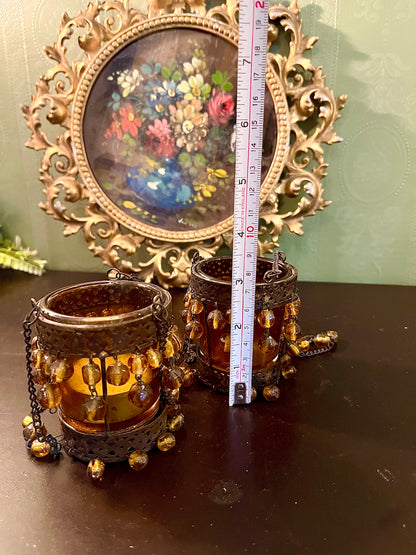 Pair of Amber Glass Hanging Tealight Candle Holders with Beaded Chains