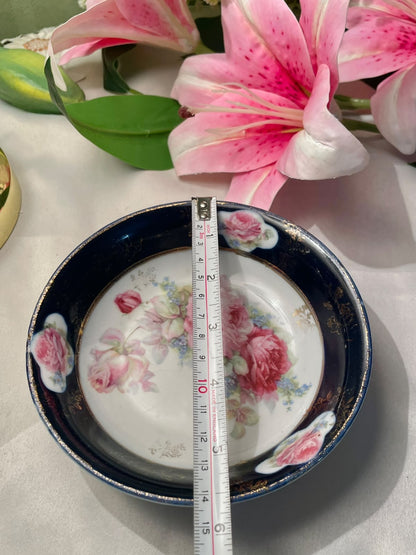 Vintage Pink Rose Floral Bowl with Navy Border Approx. 14 cm