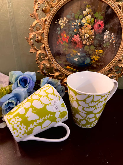 Set of 2 Green & White Floral Ceramic Mugs