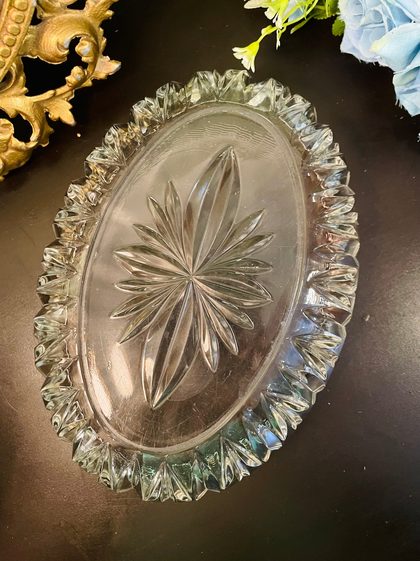 Vintage Crystal Glass Oval Serving Dish 9 Inch