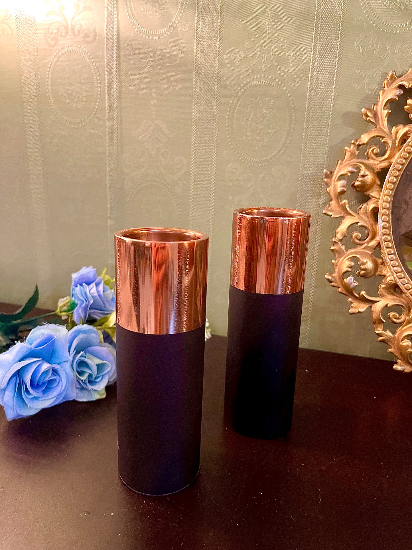 Pair of Black & Copper Cylinder Candle Holders